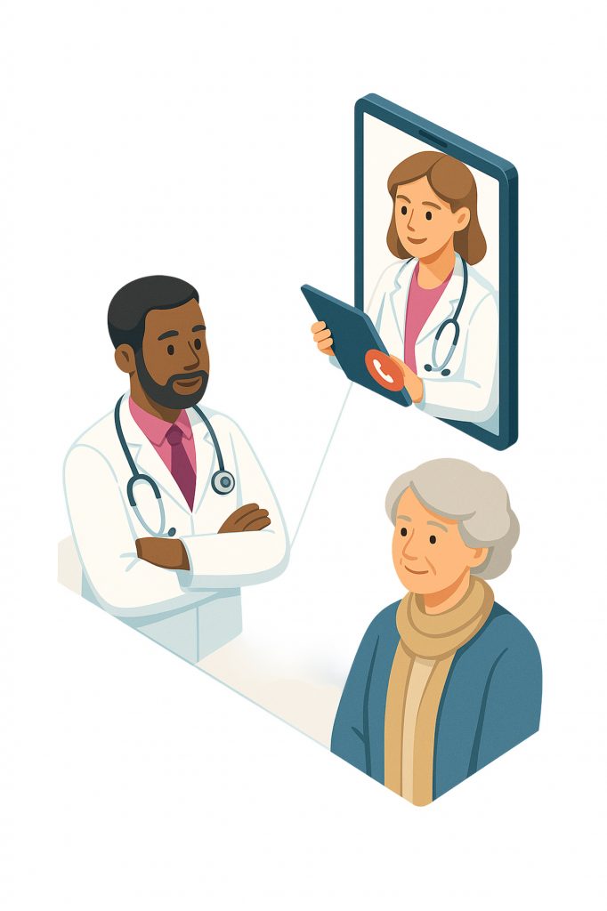 Illustration von drei Ärztinnen und Ärzten bei einer virtuellen Besprechung