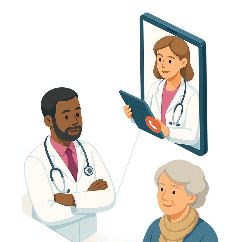 Illustration von drei Ärztinnen und Ärzten bei einer virtuellen Besprechung